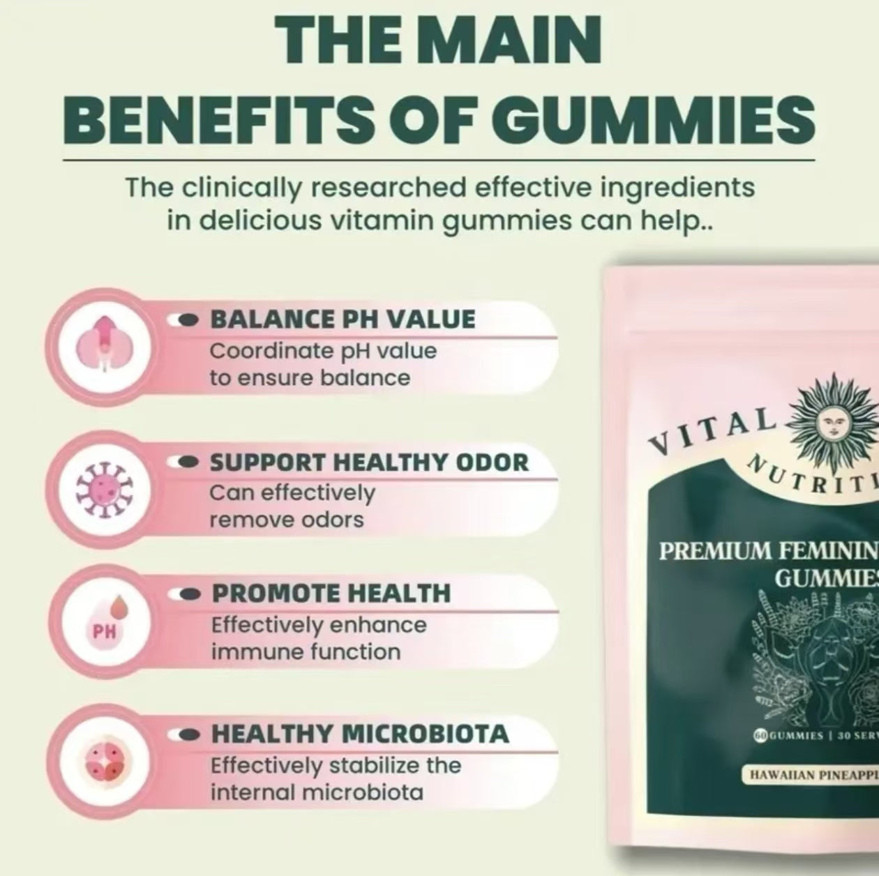 Premium Feminine Balance Gummies - for Women’s Health & Wellness - Immune Support - Vegan, Gluten-Free & Halal - Hawaiian Pineapple - 60 Gummies - 30 Servings