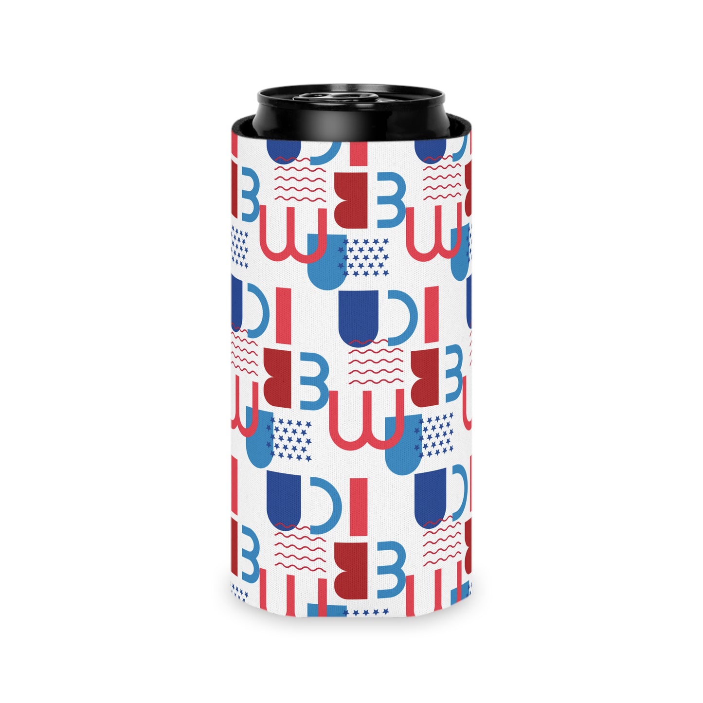 Red Blue Geometric Pattern Can Cooler | Abstract Retro Shapes