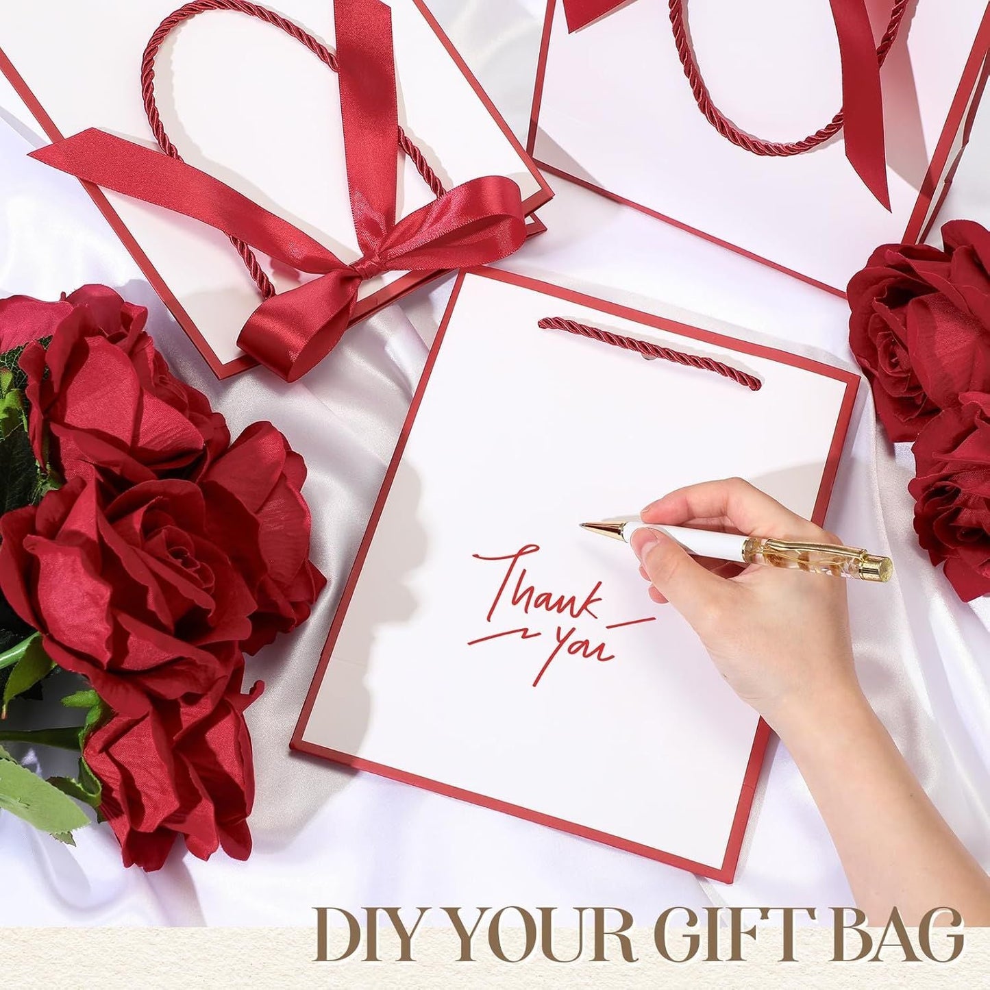 12/24 Pack Paper Gift Bags with Handle 9x7x3.15'' Thank You Gift Bags with Bow Ribbon for Holiday Valentines Wedding Bridal Baby Shower Birthday Party