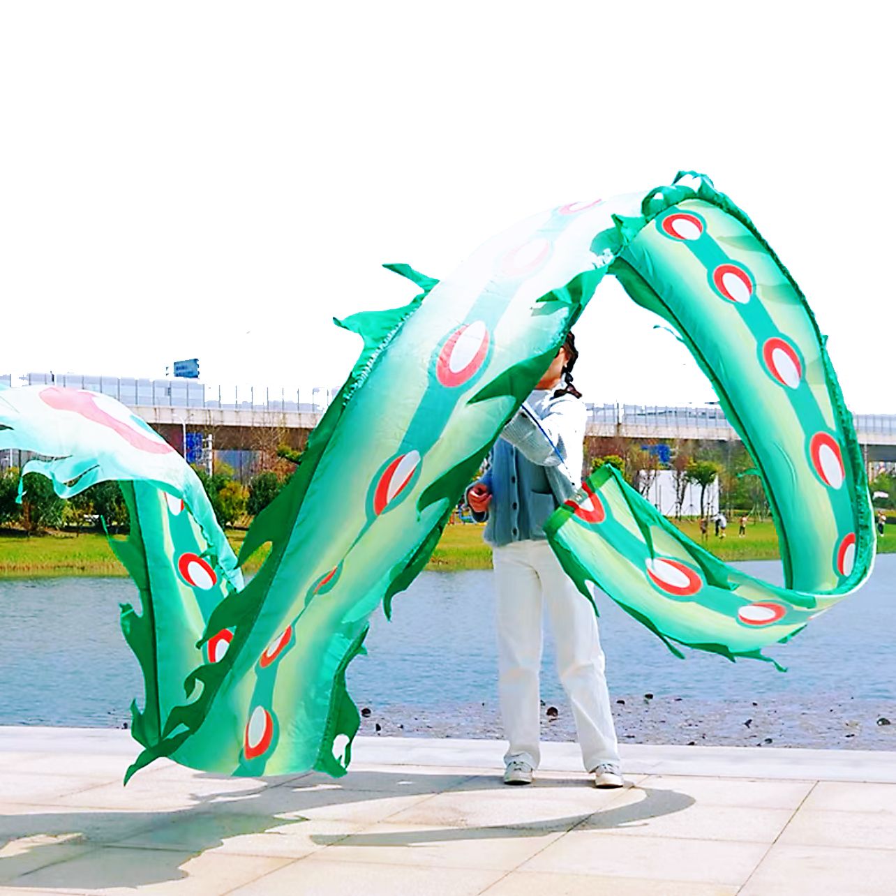 19.6ft Washable Silk-like Dragon Poi for Kids & Adults, 6 meters of Outdoor Flinging Fitness Dance with 3D Rainbow Color Dragon Ribbon Streamer Set