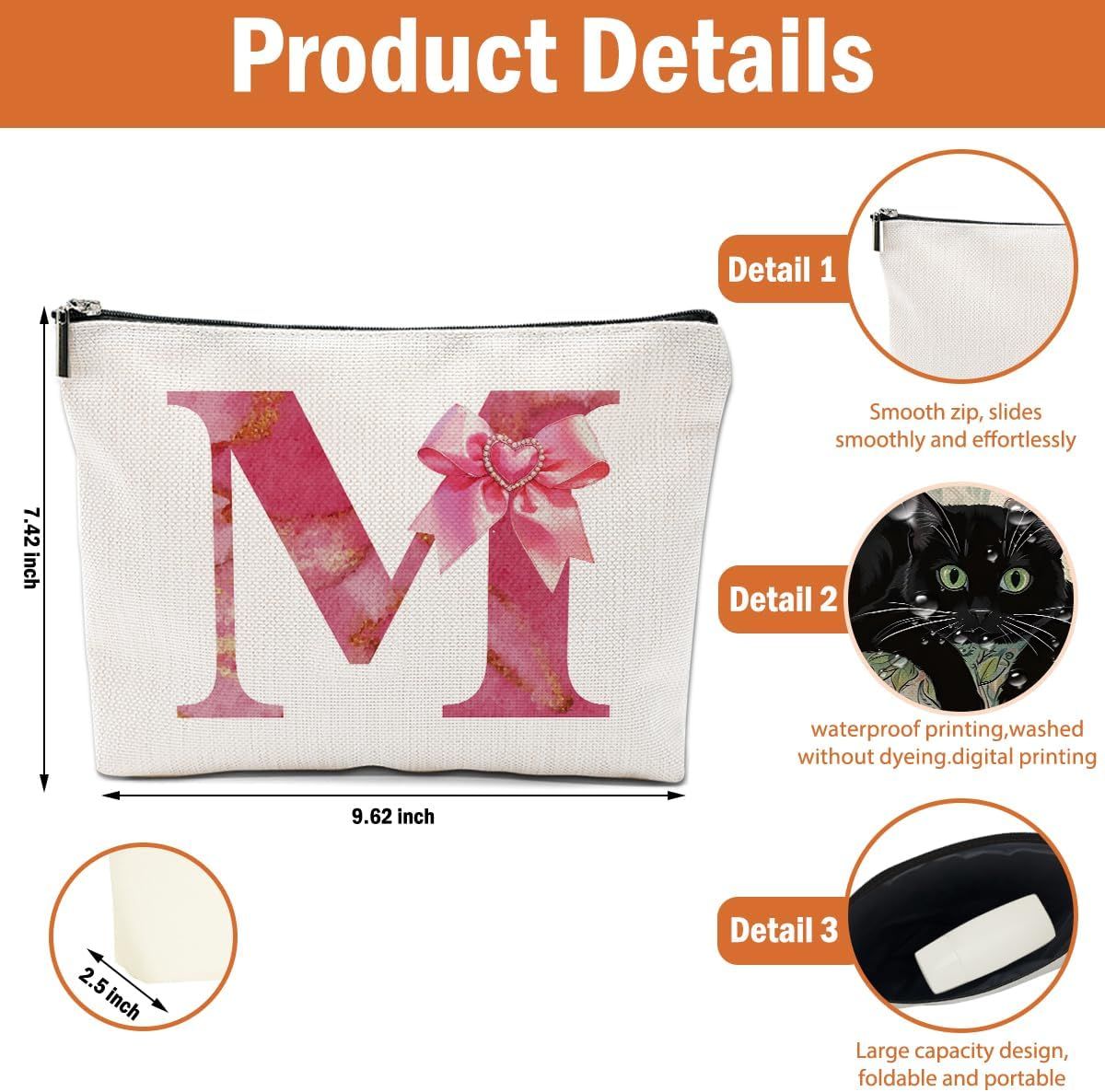 Personalized Initial Makeup Bag, Monogram Bow Travel Toiletry Make Up Bags Cute Preppy Cosmetic Bag Pouch Makeup Organizer Mothers Day Wedding Birthday Gifts for Women Friends Sister Girls Pink M