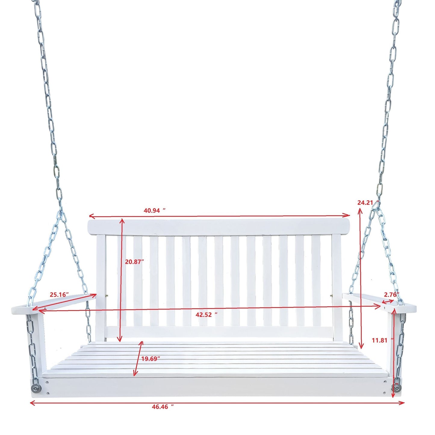 Front Porch Swing with Armrests; Wood Bench Swing with Hanging Chains; for Outdoor Patio ; Garden Yard; porch; backyard; or sunroom; Easy to Assemble; white