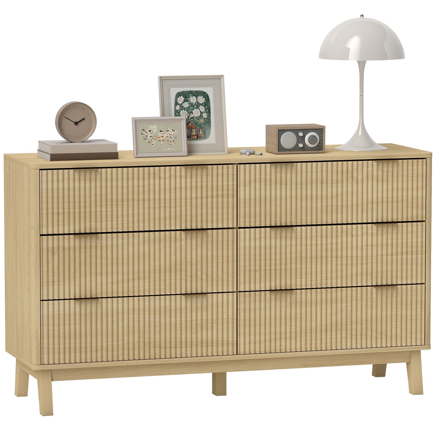HOMCOM 6 Drawer Double Dresser for Bedroom, Fluted Chest of Drawers with Gold Finger Pulls and 5 Wood Legs, Natural Wood