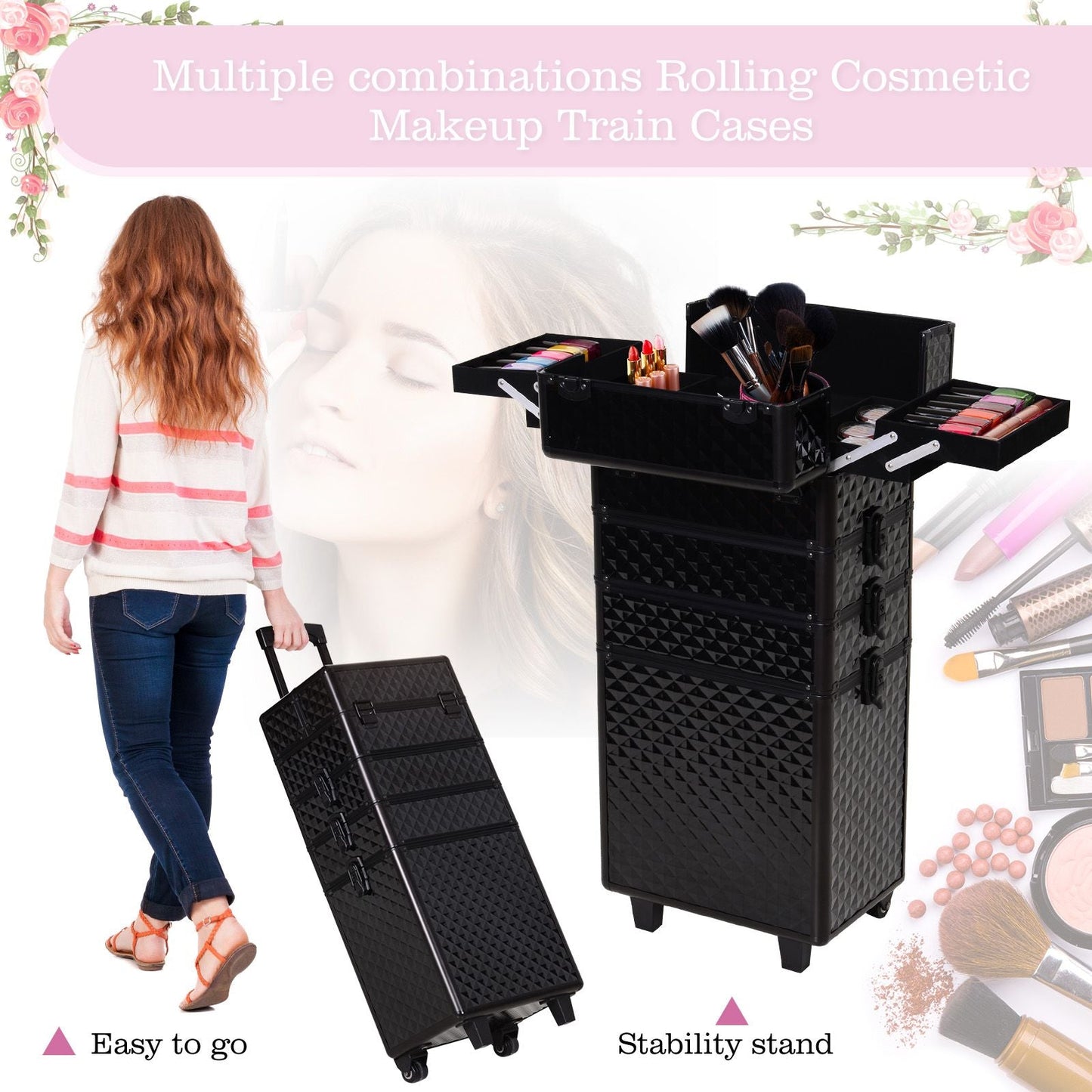 4 in 1 Makeup Train Case Portable Aluminum Rolling Cosmetic Organizer Trolley with Wheels Multiple Compartments Black