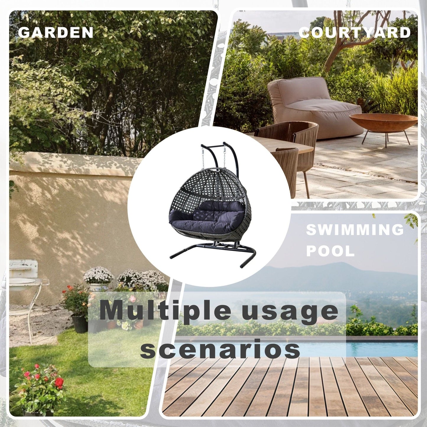 Double Wicker Swing Egg Chair, All-Weather Rattan Hanging Hammock Chair for Home Bedroom Patio Balcony,Black&Grey