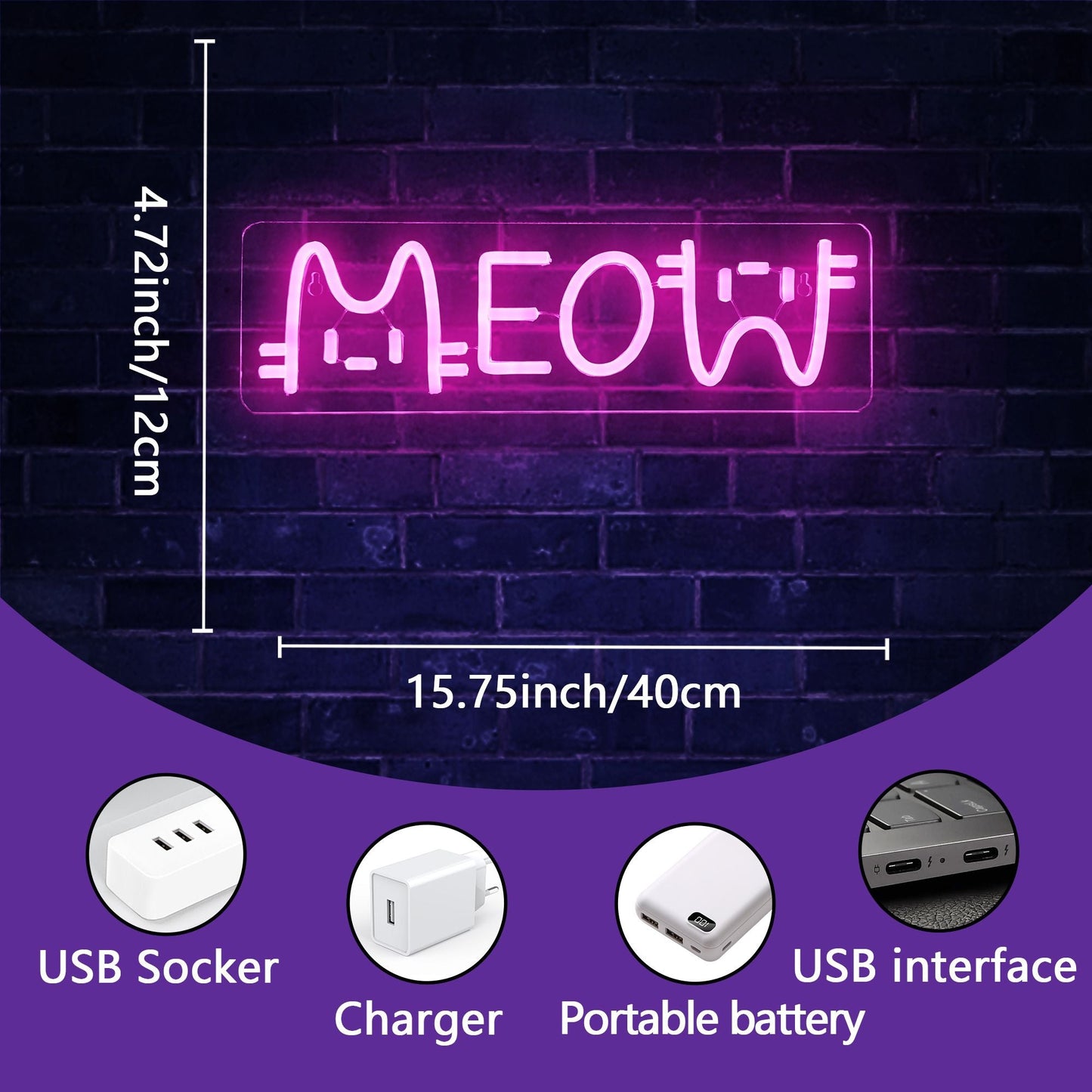 1 LED neon light, pink "meow meow" cat shaped wall decoration light, bright neon light with USB, suitable for decorating girls' bedrooms, 5V adjustable lighting, very suitable for room accents