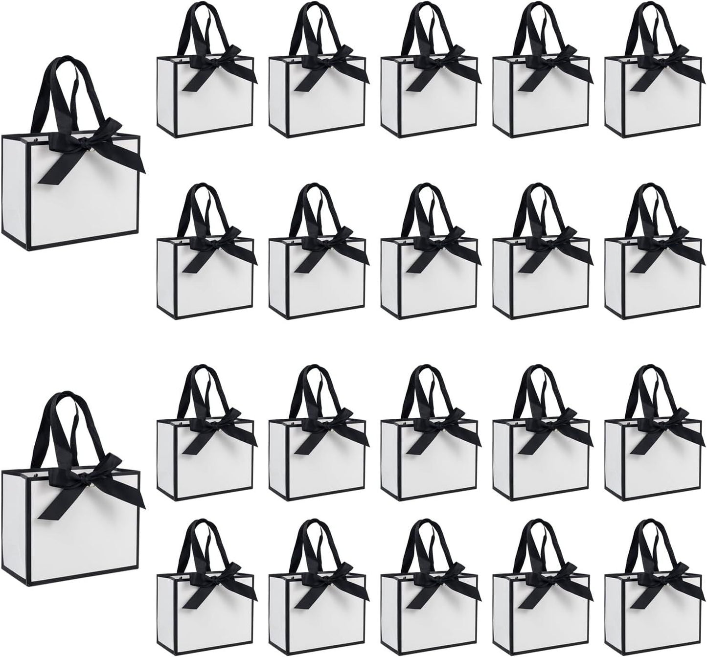 50 PCS Small White Black Gift Bags with Handles, 6.4×3.1×5.1 Inch Thank You Bags with Bow Ribbon for Baby Shower, Bridal Shower, Wedding, Party Favors, Thanksgiving, Christmas