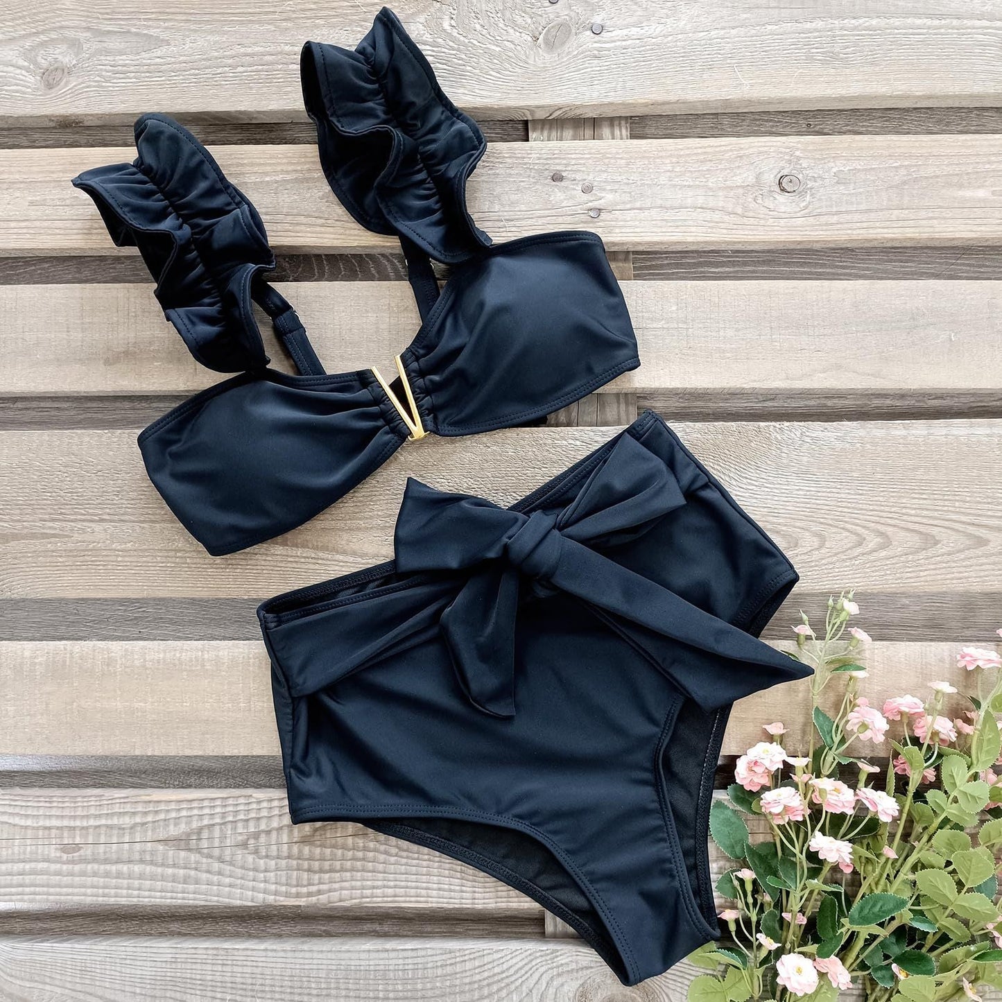 Ladies' split ruffle edge solid color high waist sexy bikini swimsuit looks slim
