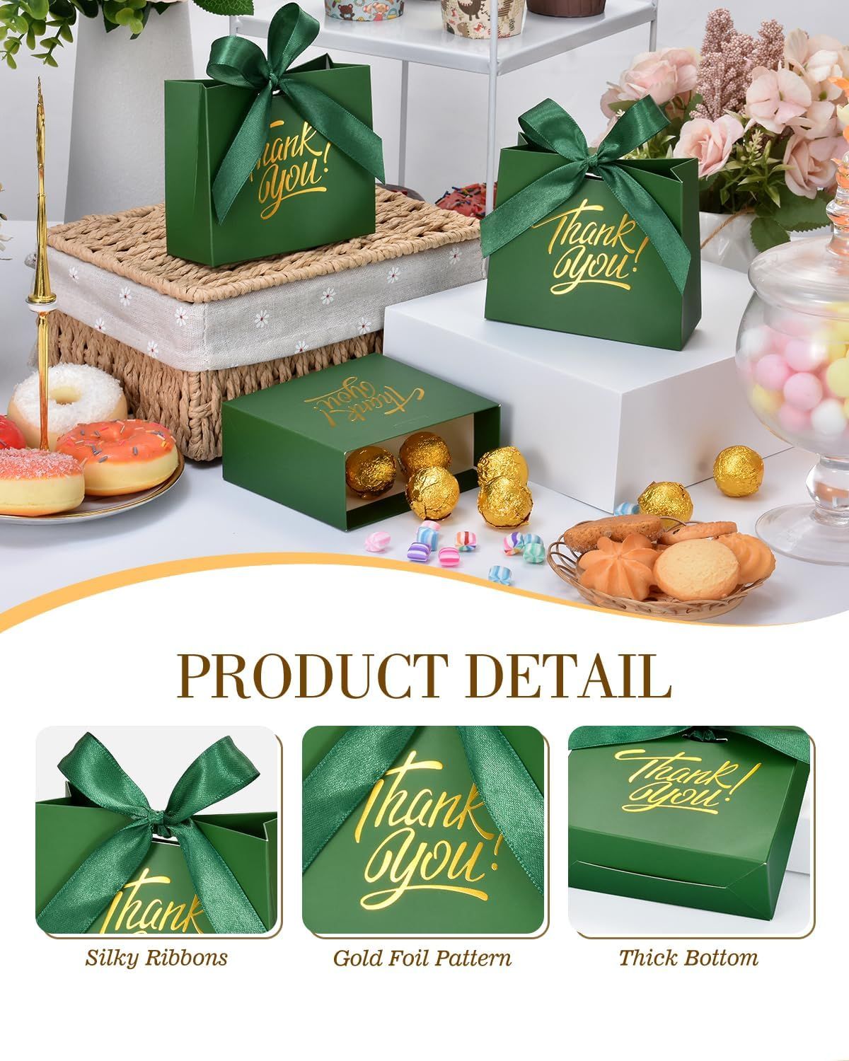 Small Gift Bags, 25 Pack 4.5x1.8x3.9 Inches Thank You Bags Green Kraft Paper Gift Bags with Bow Ribbon, Candy Bags for Birthday Wedding Baby Shower