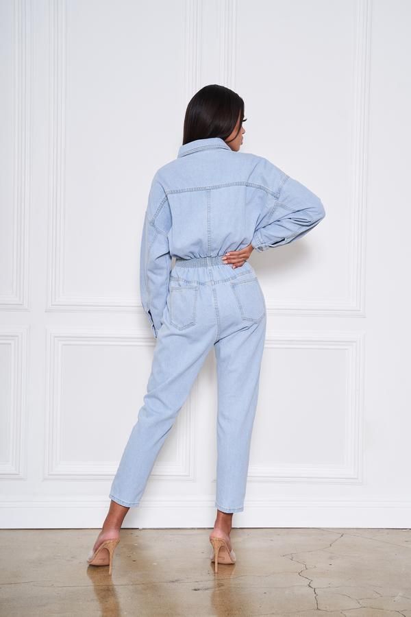 Button Front Pocket Design Long Sleeve Light Blue Jumpsuit