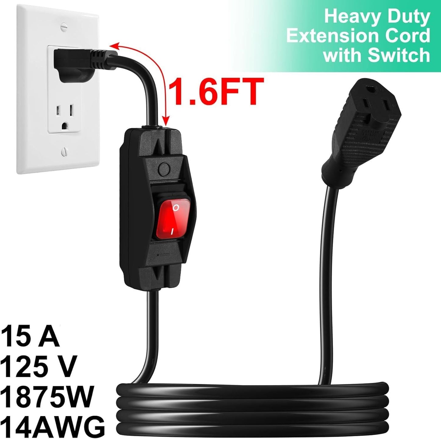 Outdoor Waterproof On/Off Switch Extension Cord, Heavy Duty 125v/250v Black SJTW Cord (6 Ft, Black)