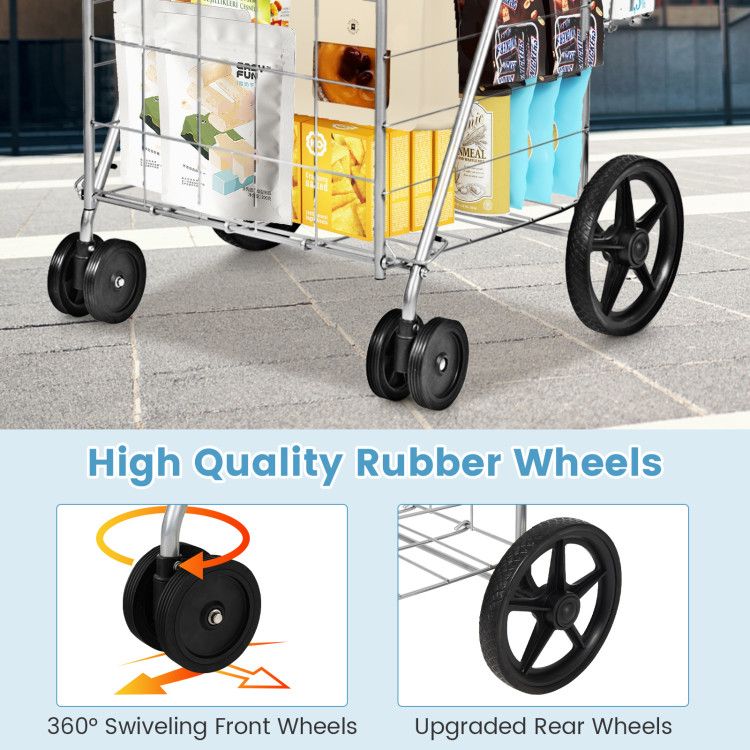 Folding Shopping Cart with Swiveling Wheels and Dual Storage Baskets