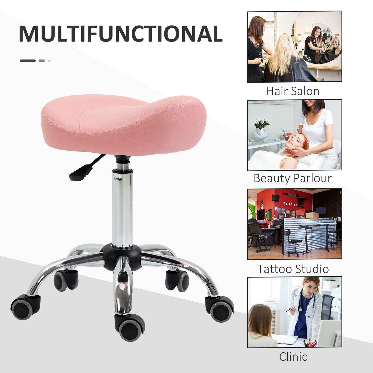 Saddle Stool Chic: Height Adjustable Rolling Salon Chair in Pink PU Leather for Massage, Spa, Clinic, Beauty, and Tattoo