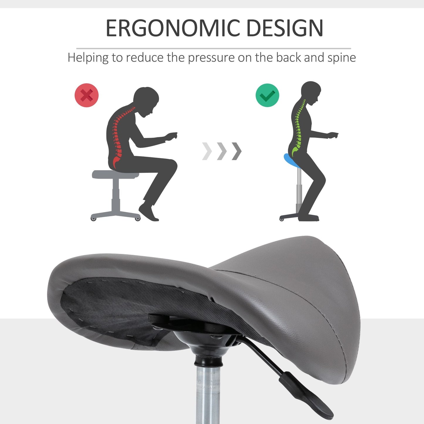 Saddle Stool Adjustable Hydraulic Rolling Beauty Salon Stool Ergonomic PU Leather Stool Round Grey