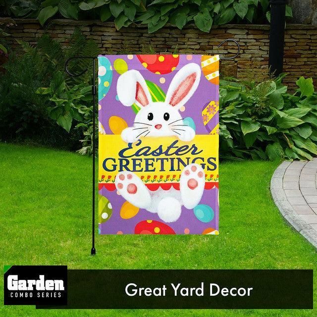 Combo Pack Garden Flag Stand Black 36x16 Inch & Garden Flag Easter Greetings with White Bunny Eggs 12x18 Inch