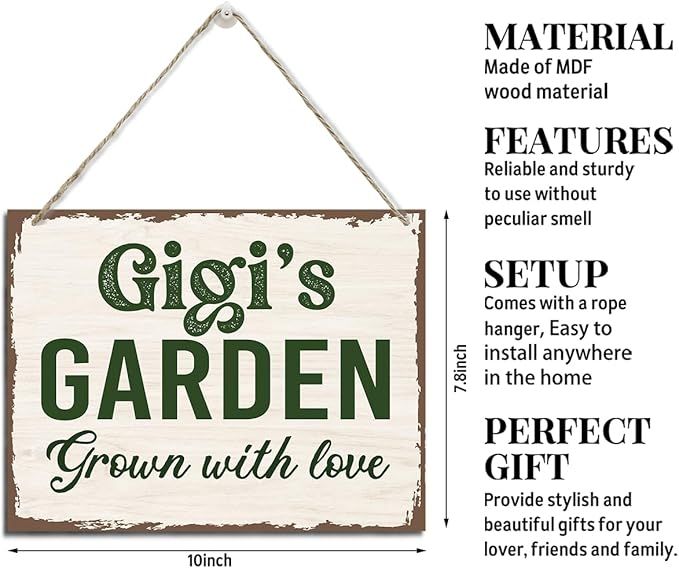 gigi's Garden Sign - Rustic Hanging Wood Plaque, Mother's Day & Birthday Gift Idea, Farmhouse Decor for Home, Garden, Yard, Balcony