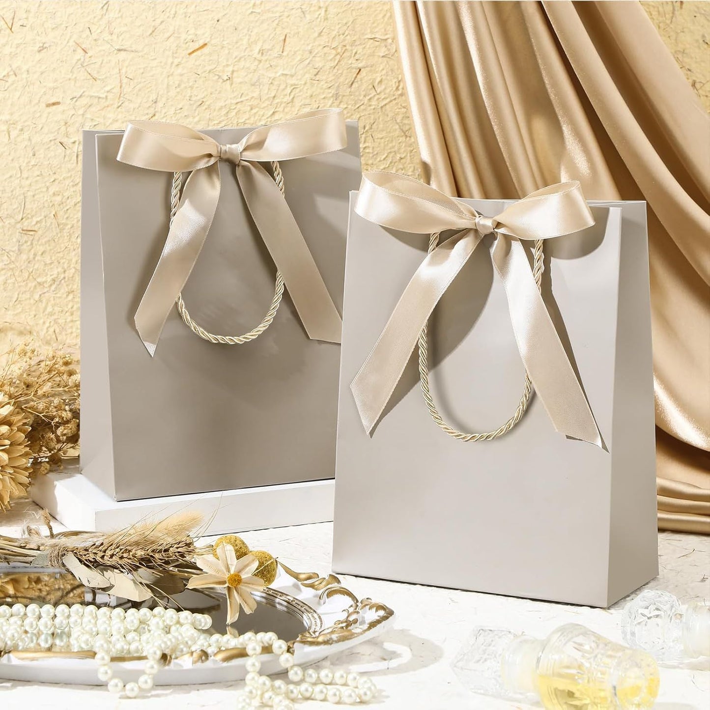 12/24 Pack Paper Gift Bags with Handle 9x7x3.15'' Thank You Gift Bags with Bow Ribbon for Holiday Valentines Wedding Bridal Baby Shower Birthday Party
