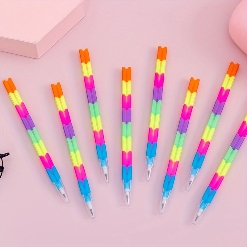 12pcs School Blocks Replaceable Core Rainbow Pencils Writing Tools Kids Gift Pencils Toy Stationery Pen Splicing Office Plastic 5.91*0.39inch
