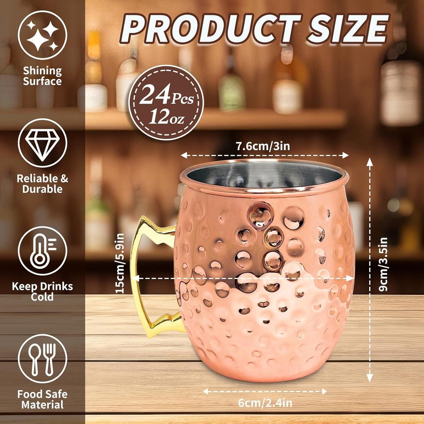 24 Pack 12 oz Moscow Mule Mugs Set Copper Cups Bulk Stainless Steel Rose Gold Moscow Mule Cups Tarnish Resistant Hammered Finish Chilled Coffee Mugs for Wedding Gift Cocktail Drinkware