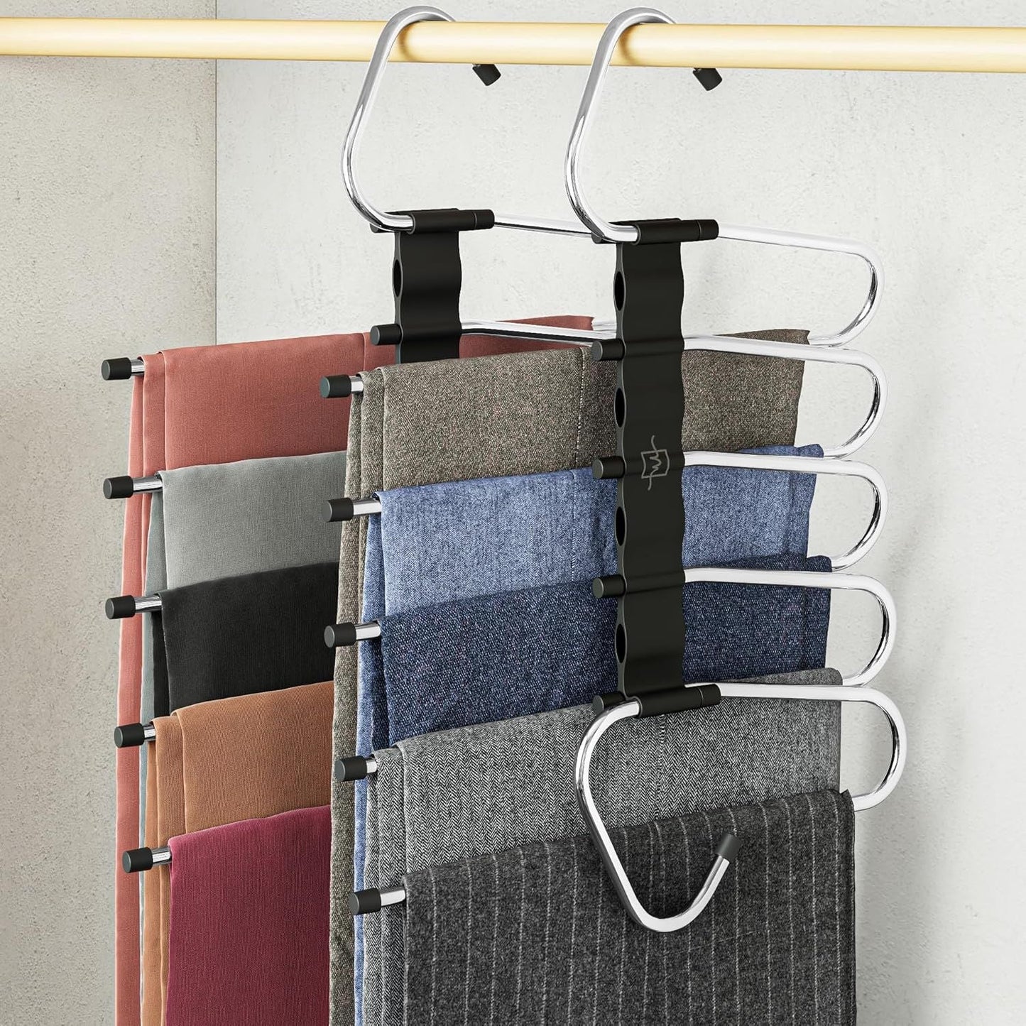 Pants Hangers Space Saving - 2 Pack - Non-Slip Multi-Layer Space Saving Hangers - Multifunctional Clothing Rack for Closet Storage - Ideal for Jeans, Trousers, Skirts, Scarves & Slacks (Black)