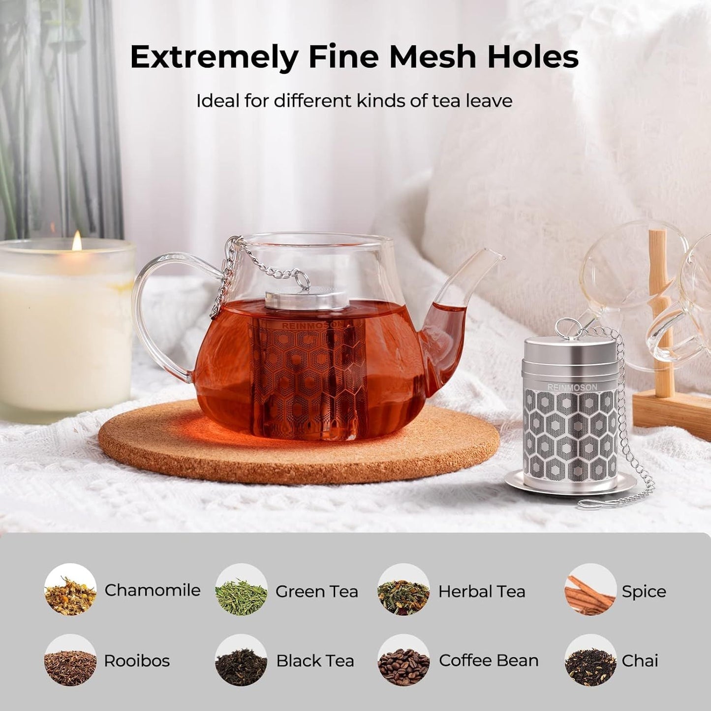 Tea Strainers for Loose Tea, Extra Fine Mesh Tea Infuser, 304 Stainless Steel & Updated Slim Threaded Lid, Loose Leaf Tea Steeper for Black Tea, Rooibos, etc