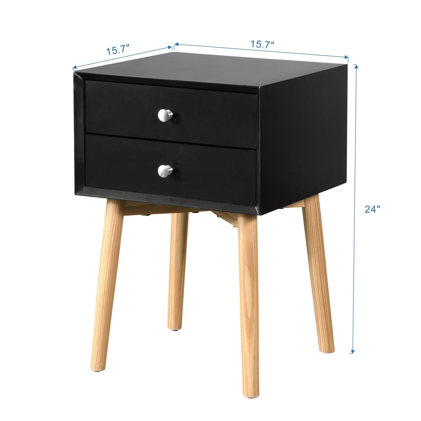 Side Table with 2 Drawer and Rubber Wood Legs; Mid-Century Modern Storage Cabinet for Bedroom Living Room Furniture; Black