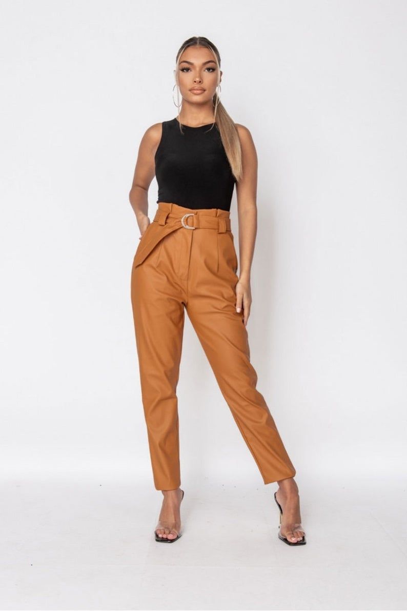 RUST FAUX LEATHER PAPERBAG WAIST TROUSERS