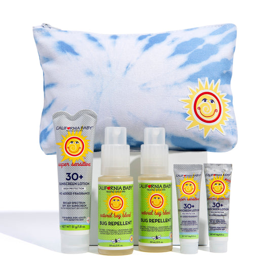 Sunscreen and bug repellent bundle with blue patterned pouch and lotion bottles