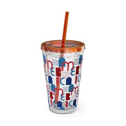 Red Blue Abstract Beach Pattern Tumbler | 16oz Straw Cup