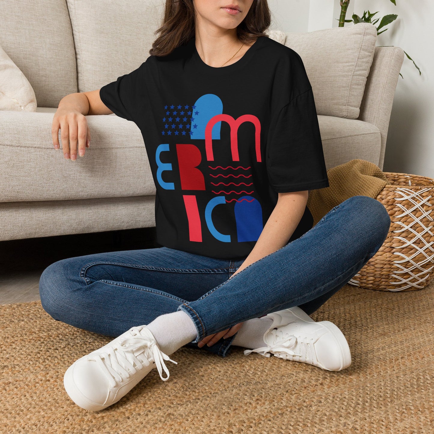 America typographic graphic T-Shirt | Red Blue USA stars waves