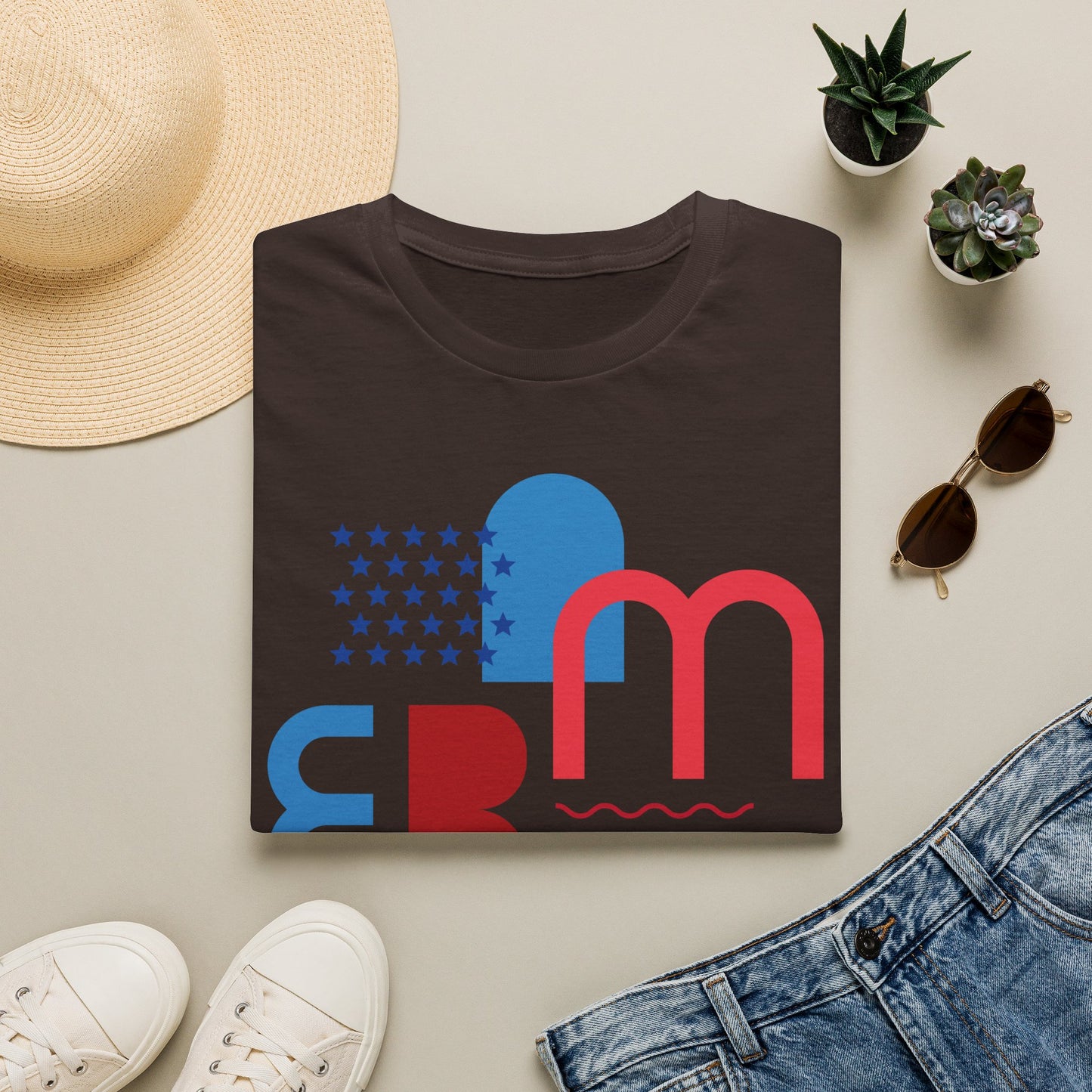America typographic graphic T-Shirt | Red Blue USA stars waves