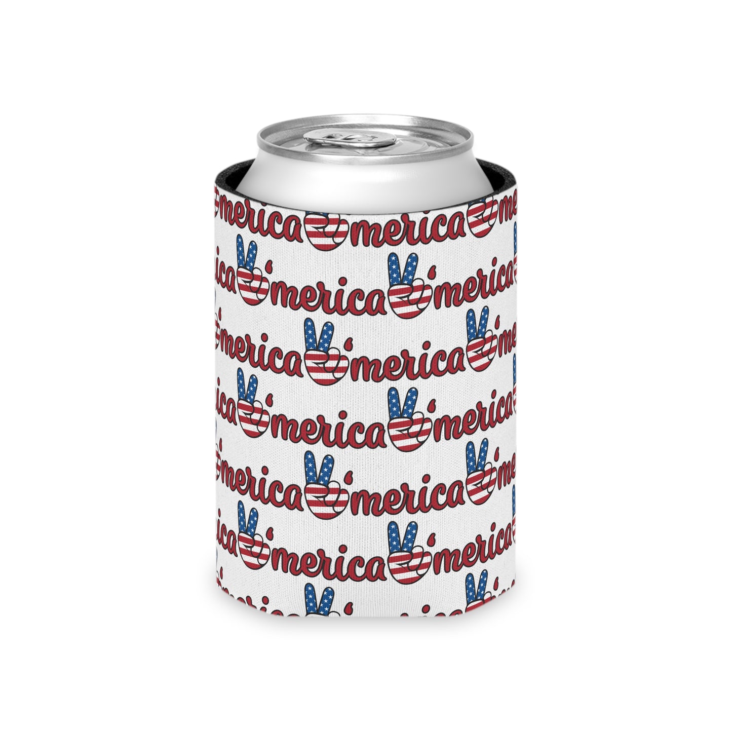 Merica Peace Sign Pattern Can Cooler | Patriotic 4th of July Drink Sleeve