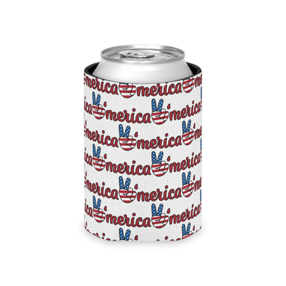 Merica Peace Sign Pattern Can Cooler | Patriotic 4th of July Drink Sleeve