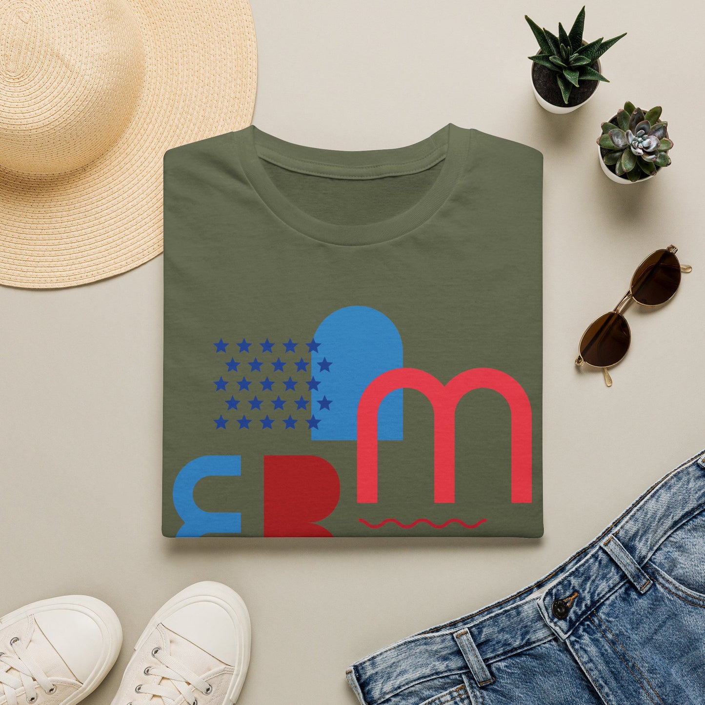America typographic graphic T-Shirt | Red Blue USA stars waves