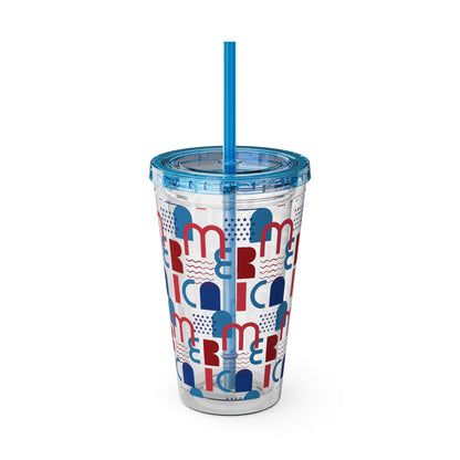 Red Blue Abstract Beach Pattern Tumbler | 16oz Straw Cup