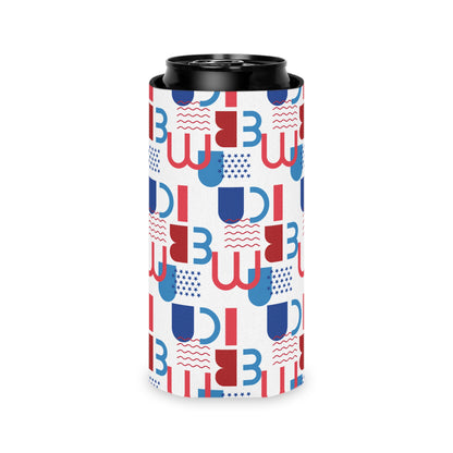 Red Blue Geometric Pattern Can Cooler | Abstract Retro Shapes