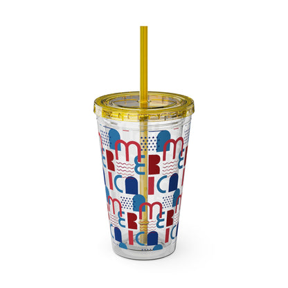 Red Blue Abstract Beach Pattern Tumbler | 16oz Straw Cup