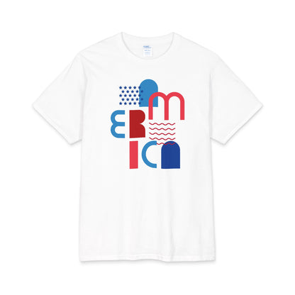 America Abstract Block Letters T-Shirt | Patriotic Red Blue Tee