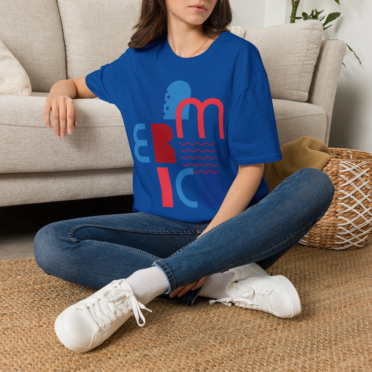 America typographic graphic T-Shirt | Red Blue USA stars waves