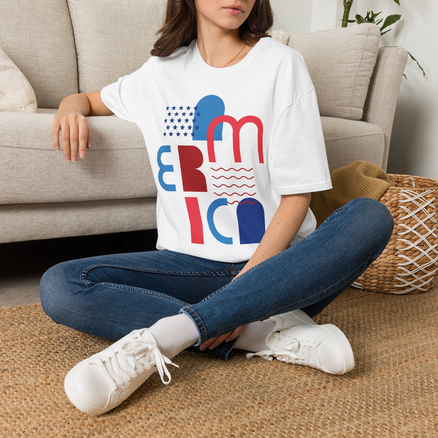 America typographic graphic T-Shirt | Red Blue USA stars waves