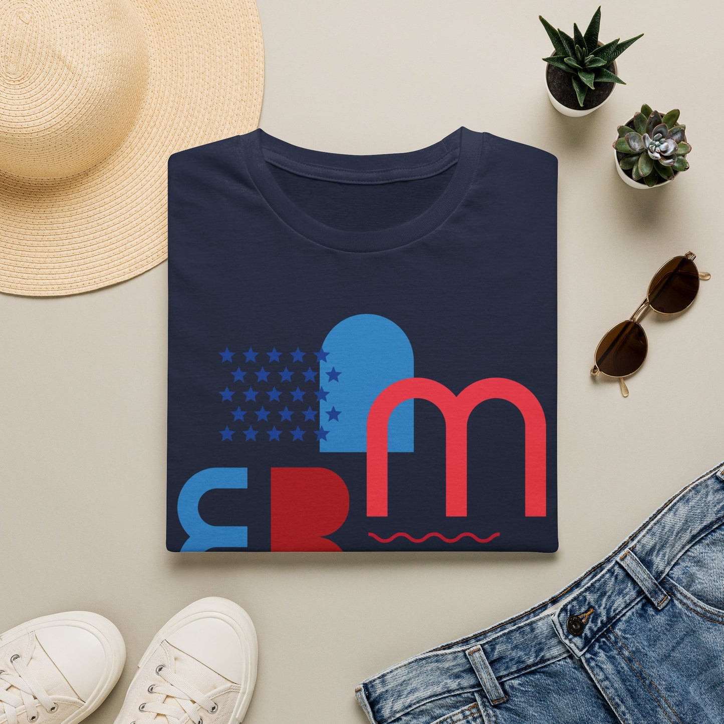 America typographic graphic T-Shirt | Red Blue USA stars waves