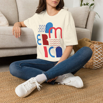 America typographic graphic T-Shirt | Red Blue USA stars waves