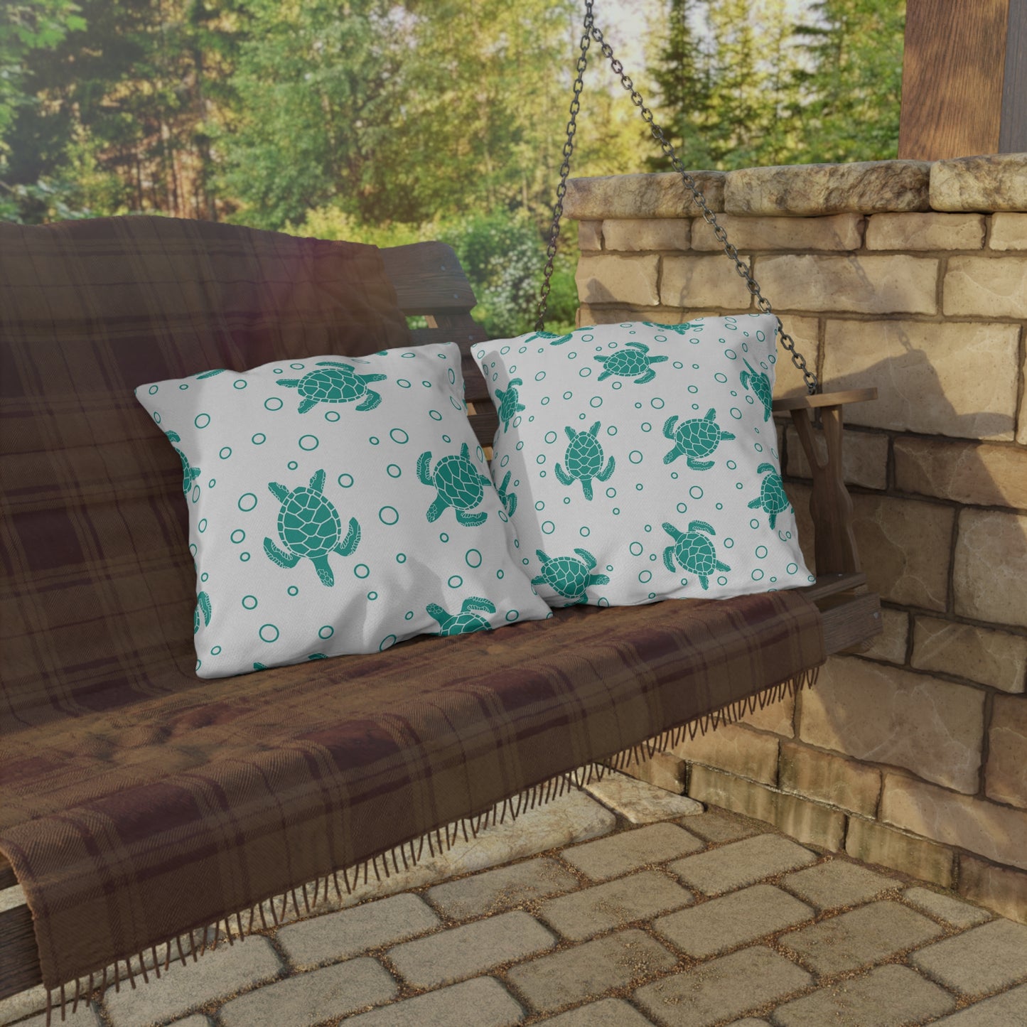 Sea Turtle Outdoor Pillow – Teal Nautical Patio Cushion