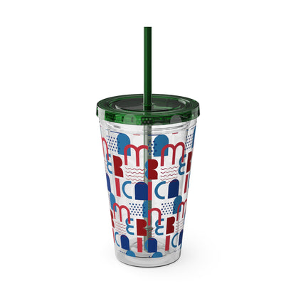 Red Blue Abstract Beach Pattern Tumbler | 16oz Straw Cup