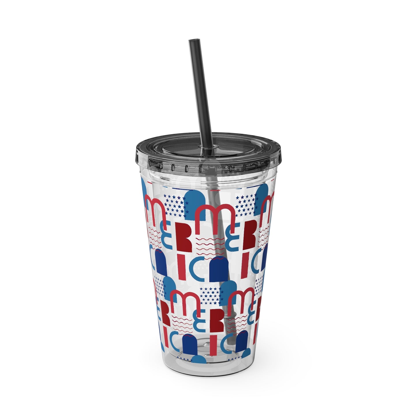Red Blue Abstract Beach Pattern Tumbler | 16oz Straw Cup