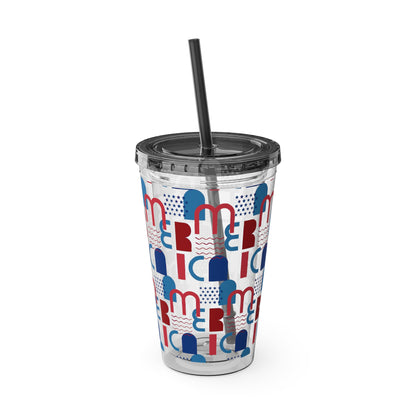 Red Blue Abstract Beach Pattern Tumbler | 16oz Straw Cup