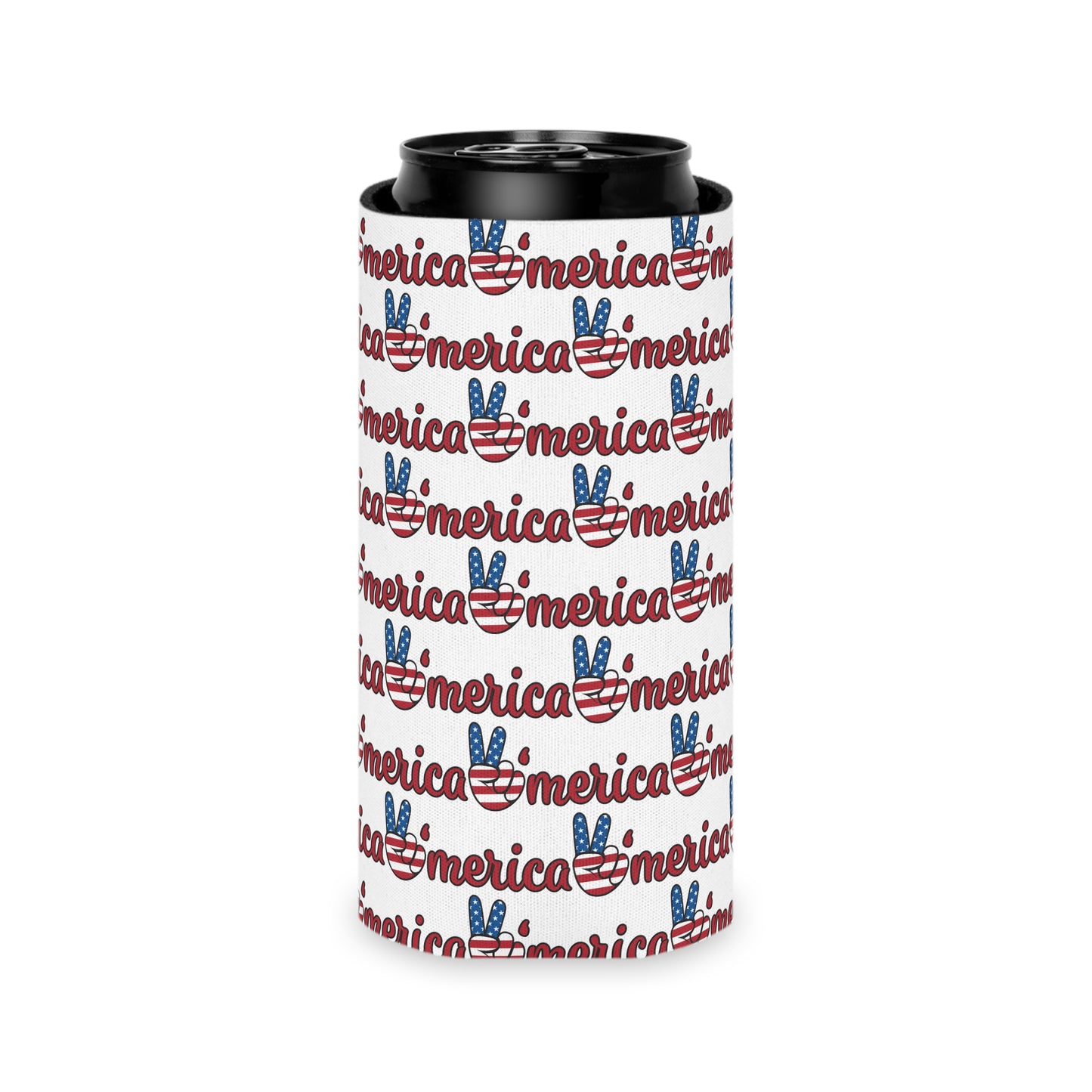 Merica Peace Sign Pattern Can Cooler | Patriotic 4th of July Drink Sleeve
