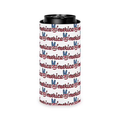 Merica Peace Sign Pattern Can Cooler | Patriotic 4th of July Drink Sleeve