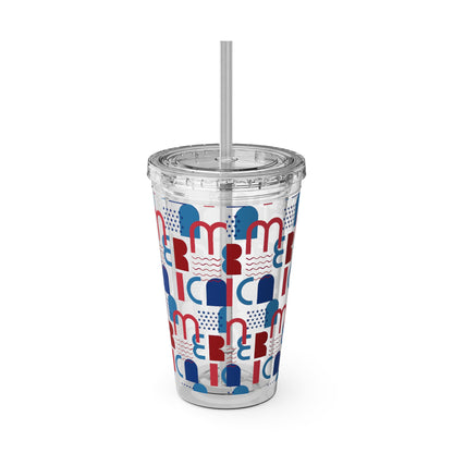 Red Blue Abstract Beach Pattern Tumbler | 16oz Straw Cup