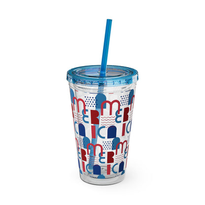 Red Blue Abstract Beach Pattern Tumbler | 16oz Straw Cup